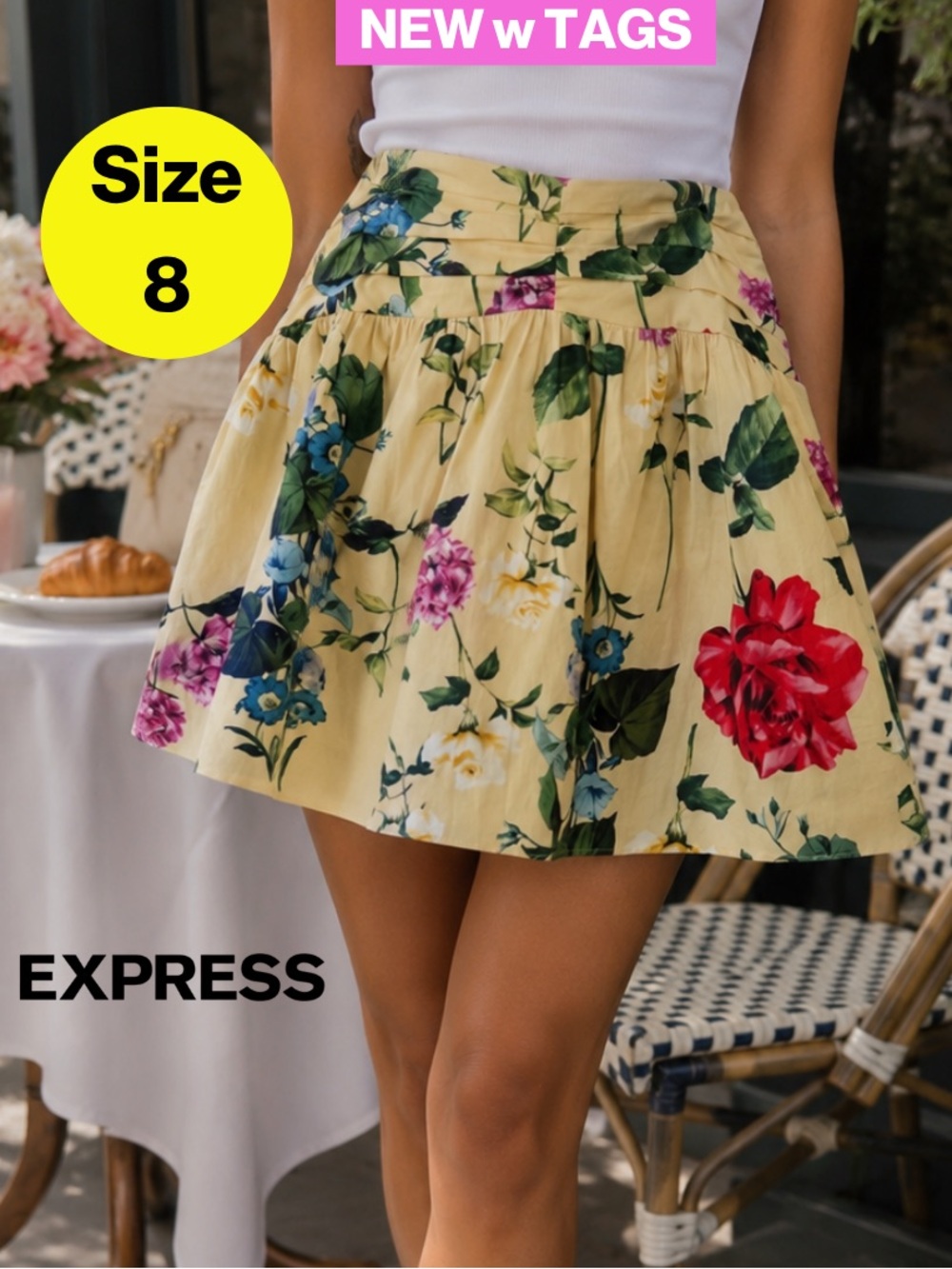 NEW w TAGS 🏷️  EXPRESS Yellow Floral Mini Skirt, High Waist (Women’s Size 8)